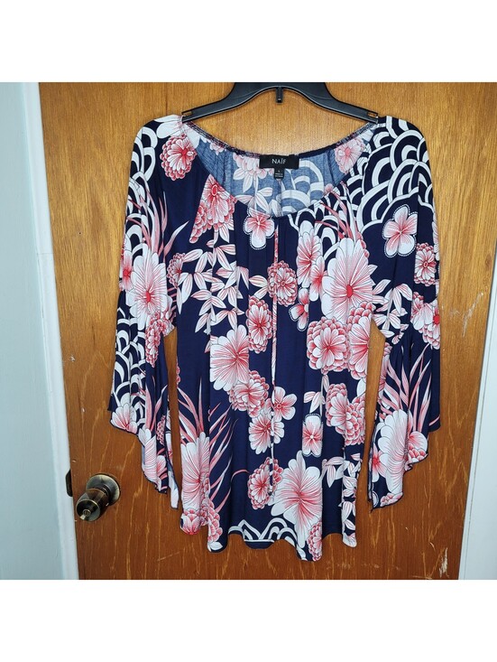 Naif Tops - NAÏF Womens Top Large L Navy Blue Floral Bell Sleeve Scoop Neck Keyhole Blouse